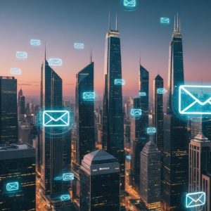 Futuristische Stadt mit schwebenden E-Mail-Icons