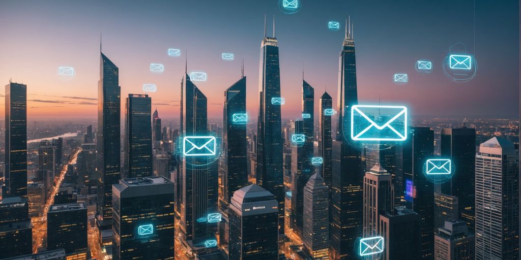 Futuristische Stadt mit schwebenden E-Mail-Icons