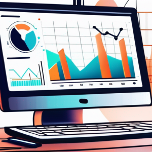 Laptop mit detailliertem Analytics-Dashboard, Grafiken und Charts, in modernen Arbeitsplatz.