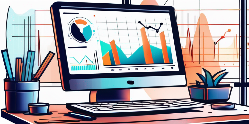 Laptop mit detailliertem Analytics-Dashboard, Grafiken und Charts, in modernen Arbeitsplatz.