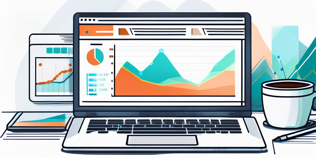 Laptop zeigt Webseite Dashboard mit Analyse Grafiken, saubere Arbeitsflaeche mit Notizbuch und Kaffee, Auswirkung von SEO Optimierung.