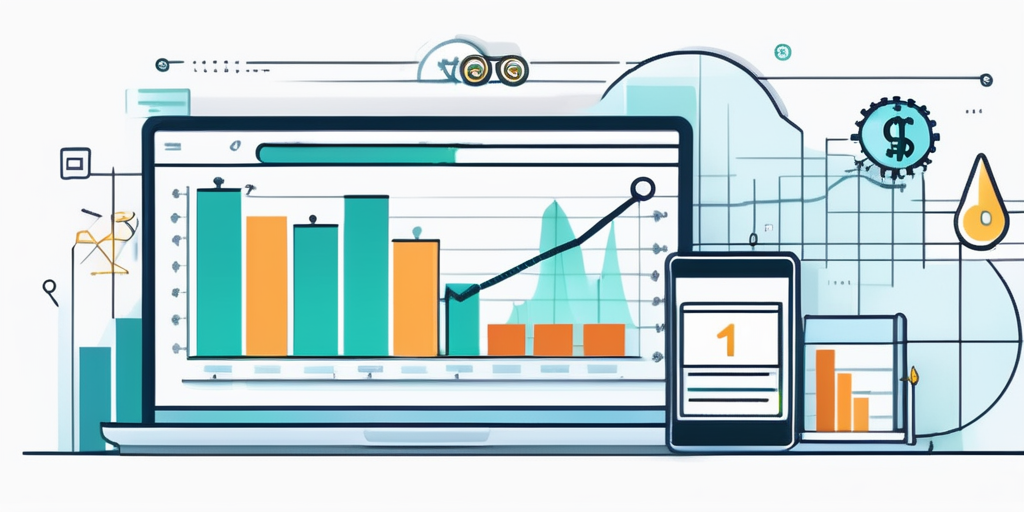 Diagramm zeigt stetigen Anstieg des Website-Traffics mit digitalen Marketing-Symbolen wie Suchleisten, Dollarzeichen und Klickrate-Symbolen.