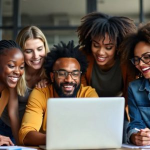 Menschen diskutieren um einen Laptop