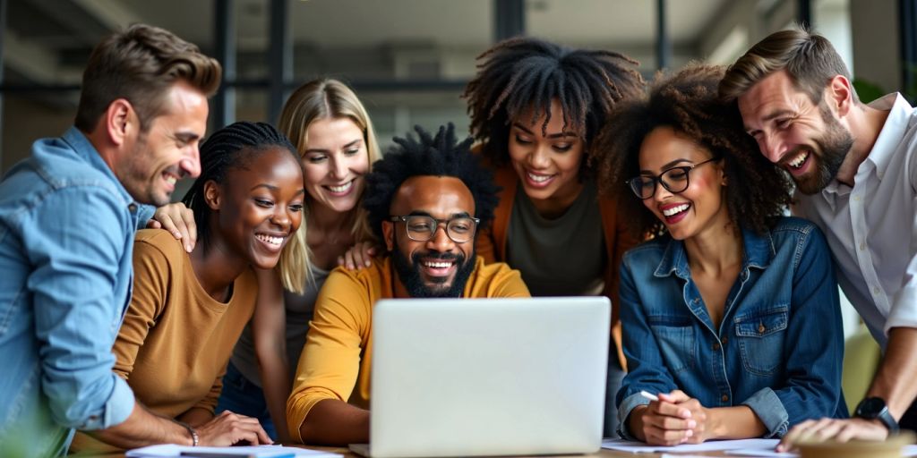 Menschen diskutieren um einen Laptop